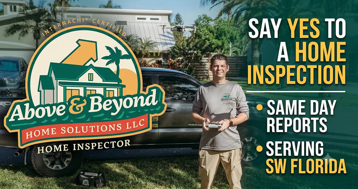 Above and Beyond Home Solutions inspector with a drone at a Southwest Florida home
